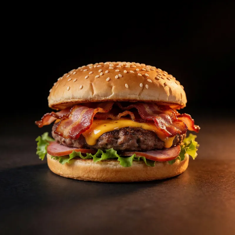 X Bacon: pão, queijo, presunto, carne, bacon e salada